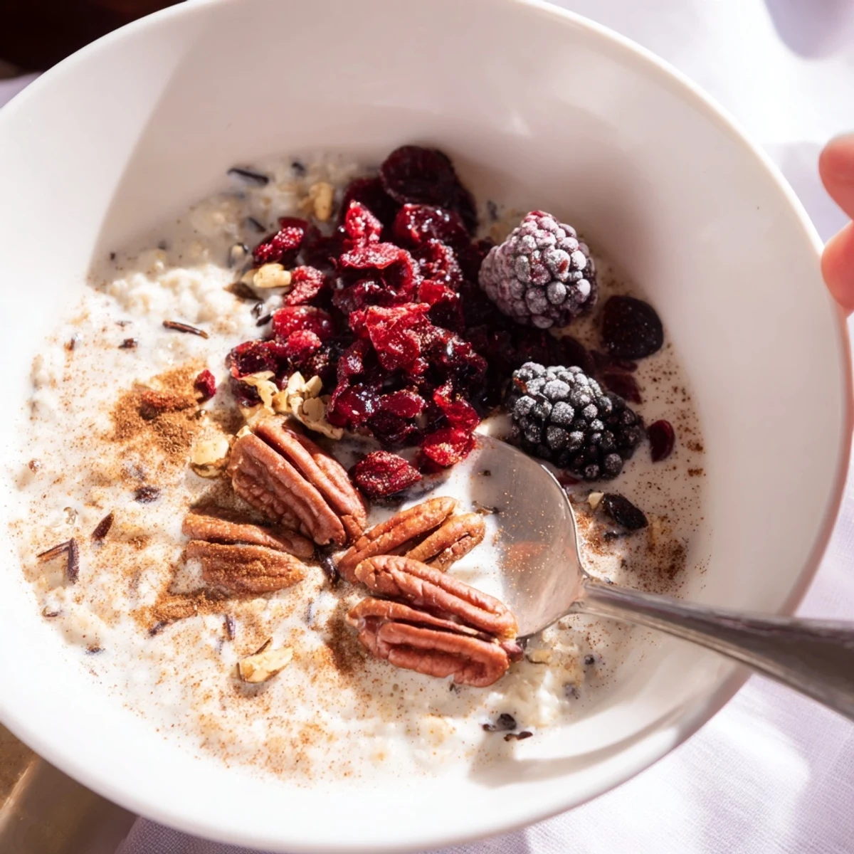 Steaming wild rice porridge breakfast featuring nutty grains simmered in warm milk with fragrant cinnamon spice