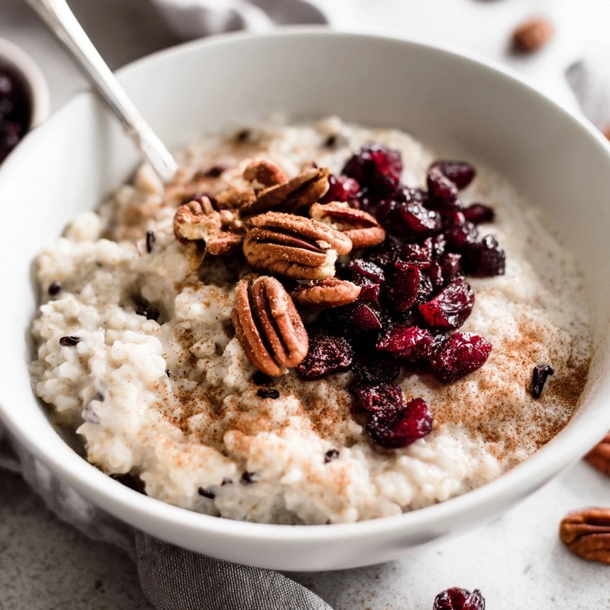 Cozy morning wild rice porridge served in a white bowl with dried cranberries and vanilla bean sprinkle
