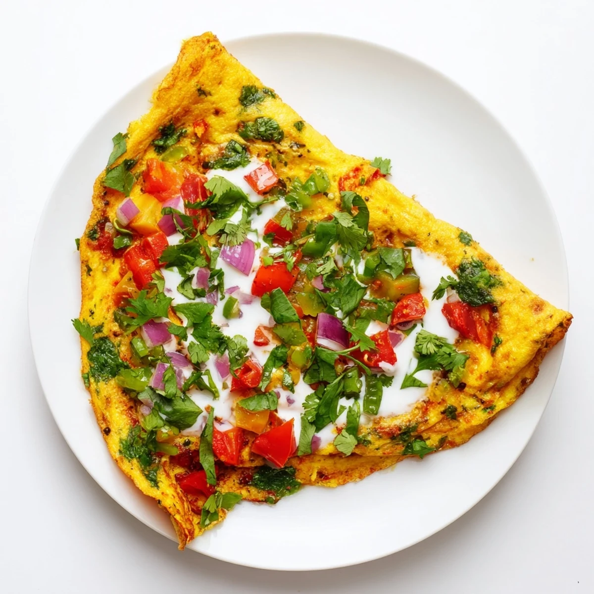 Golden Afghani omelette loaded with fresh vegetables and aromatic herbs on a white plate
