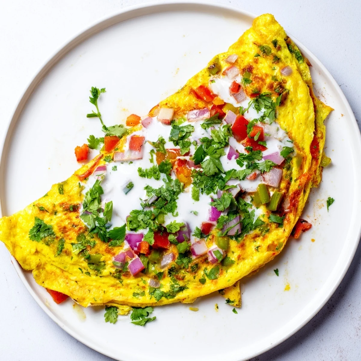 Healthy protein-packed Afghani omelette with diced tomatoes, peppers, and vibrant green cilantro garnish