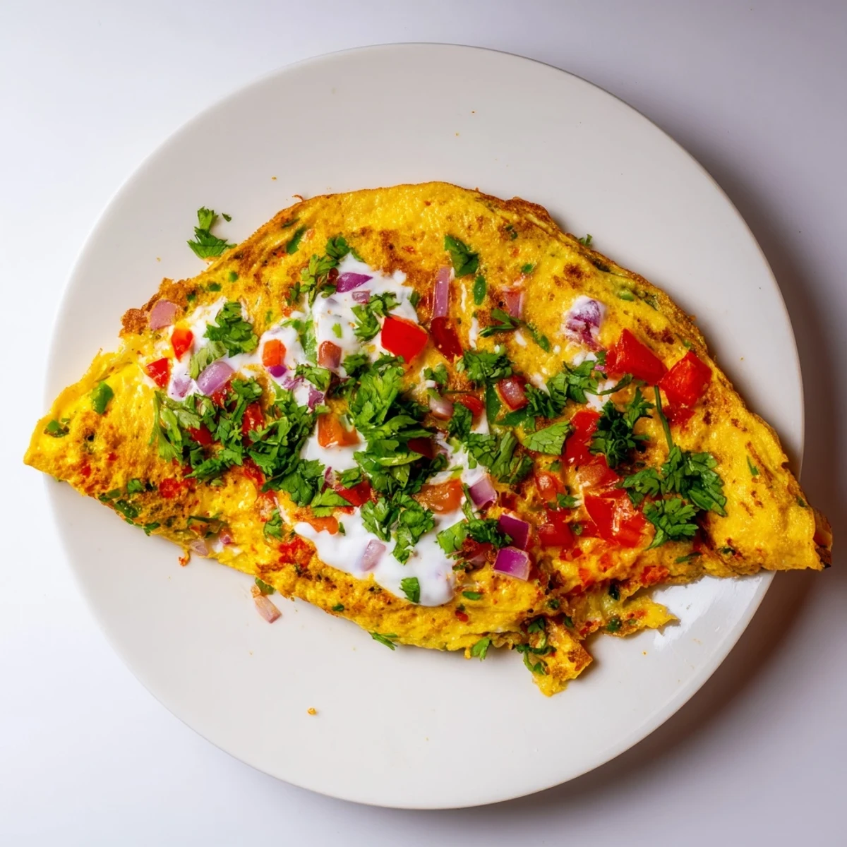 Fluffy omelette spiced with turmeric and cumin, topped with creamy Greek yogurt dollop