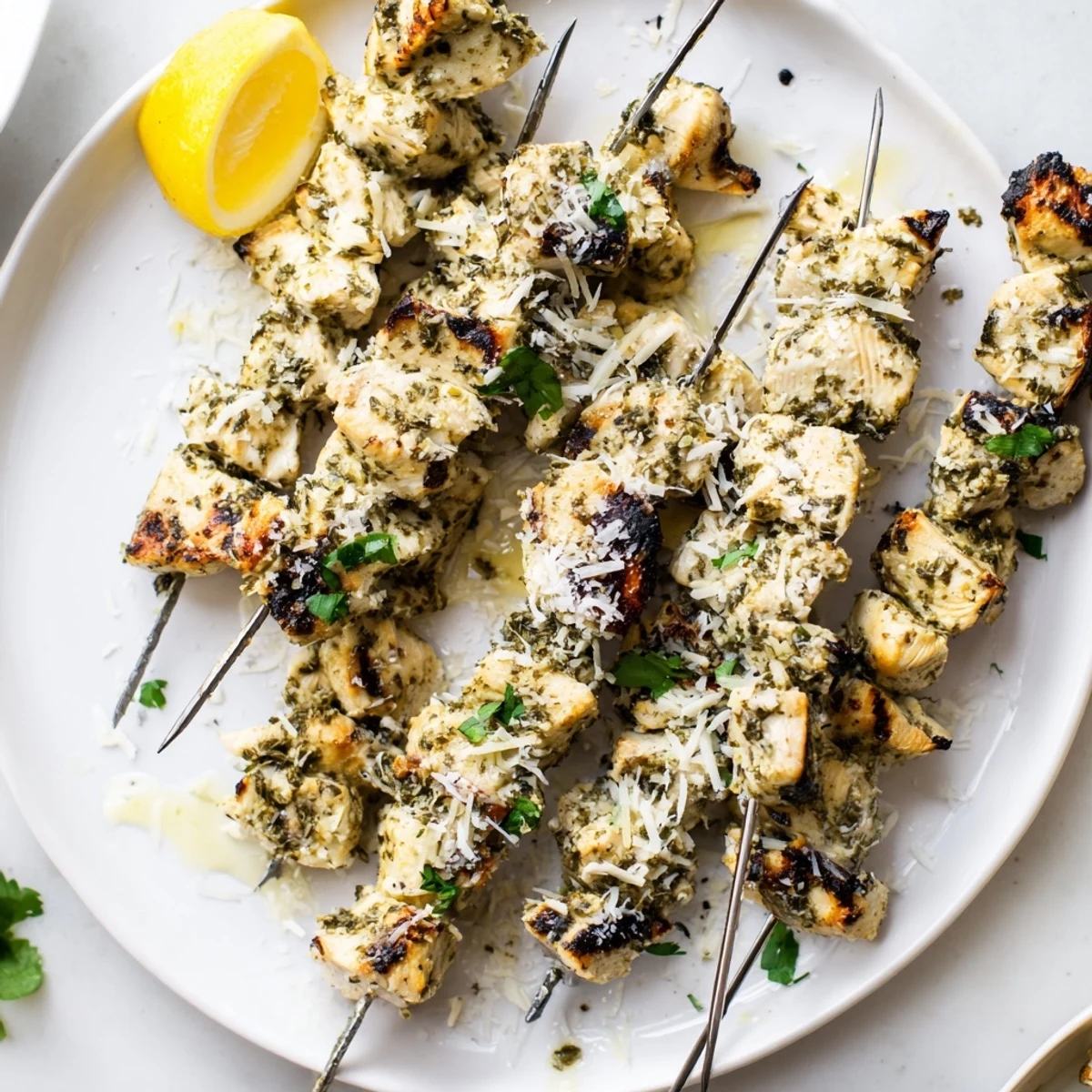 Tender marinated chicken threaded on skewers topped with fresh parsley and grated Parmesan