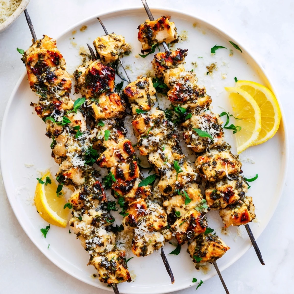 Golden brown garlic Parmesan chicken skewers sizzling on the grill with charred edges