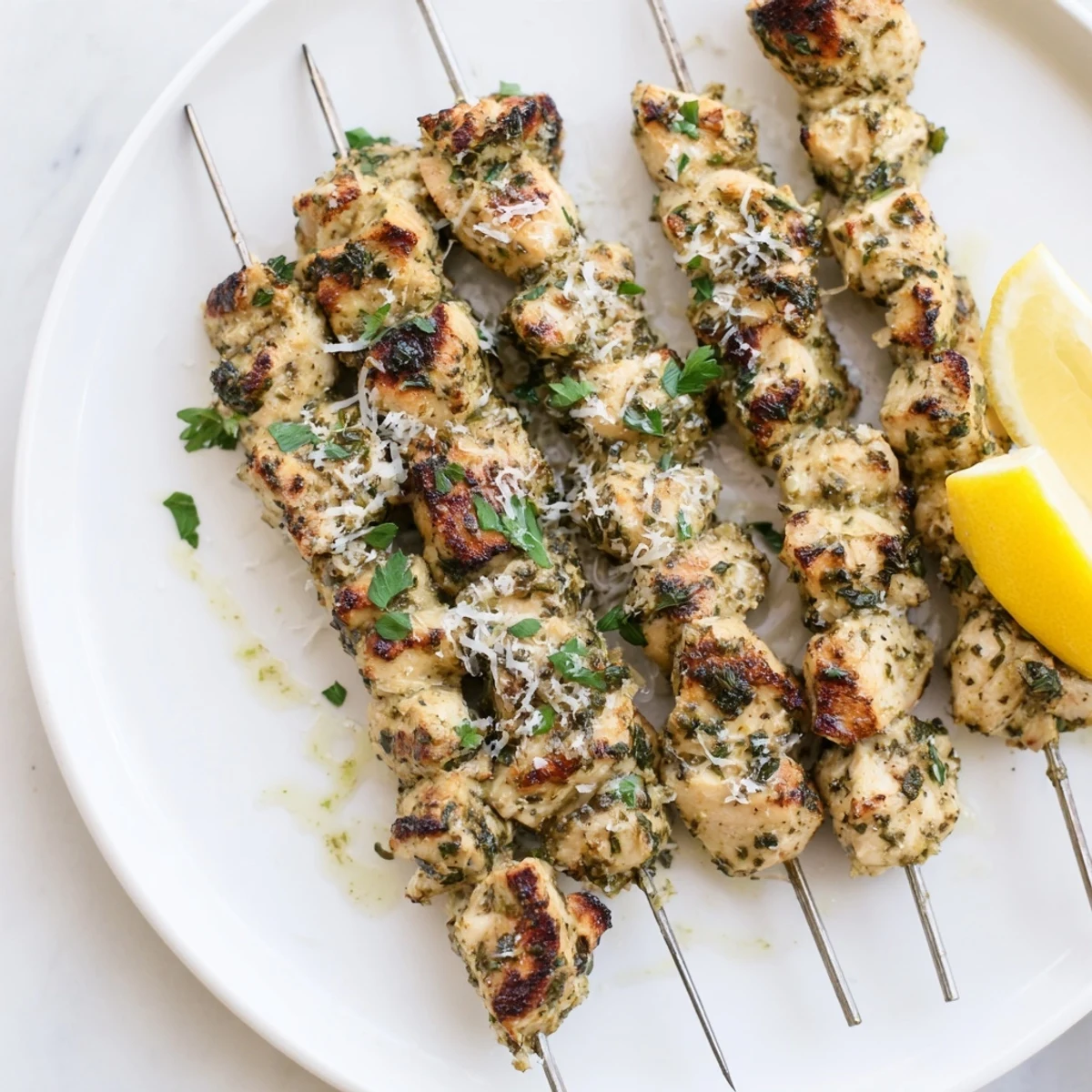 Savory grilled chicken kebabs arranged on a serving platter with lemon wedges alongside
