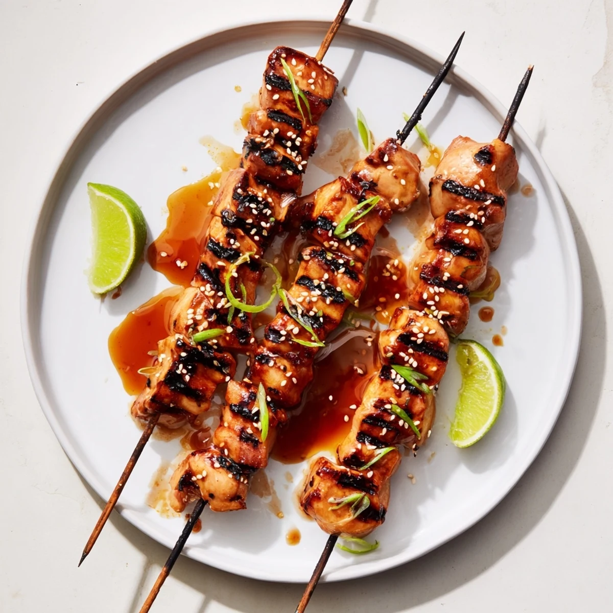 Grilled Asian Chicken Skewers With Honey Garlic Sauce, charred edges and glossy honey glaze