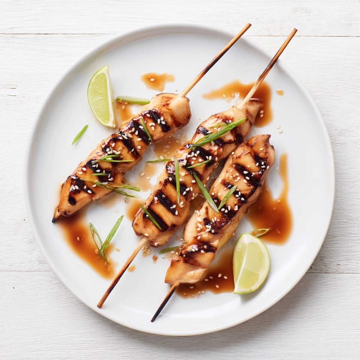 Grilled Asian Chicken Skewers With Honey Garlic Sauce served alongside jasmine rice and lime