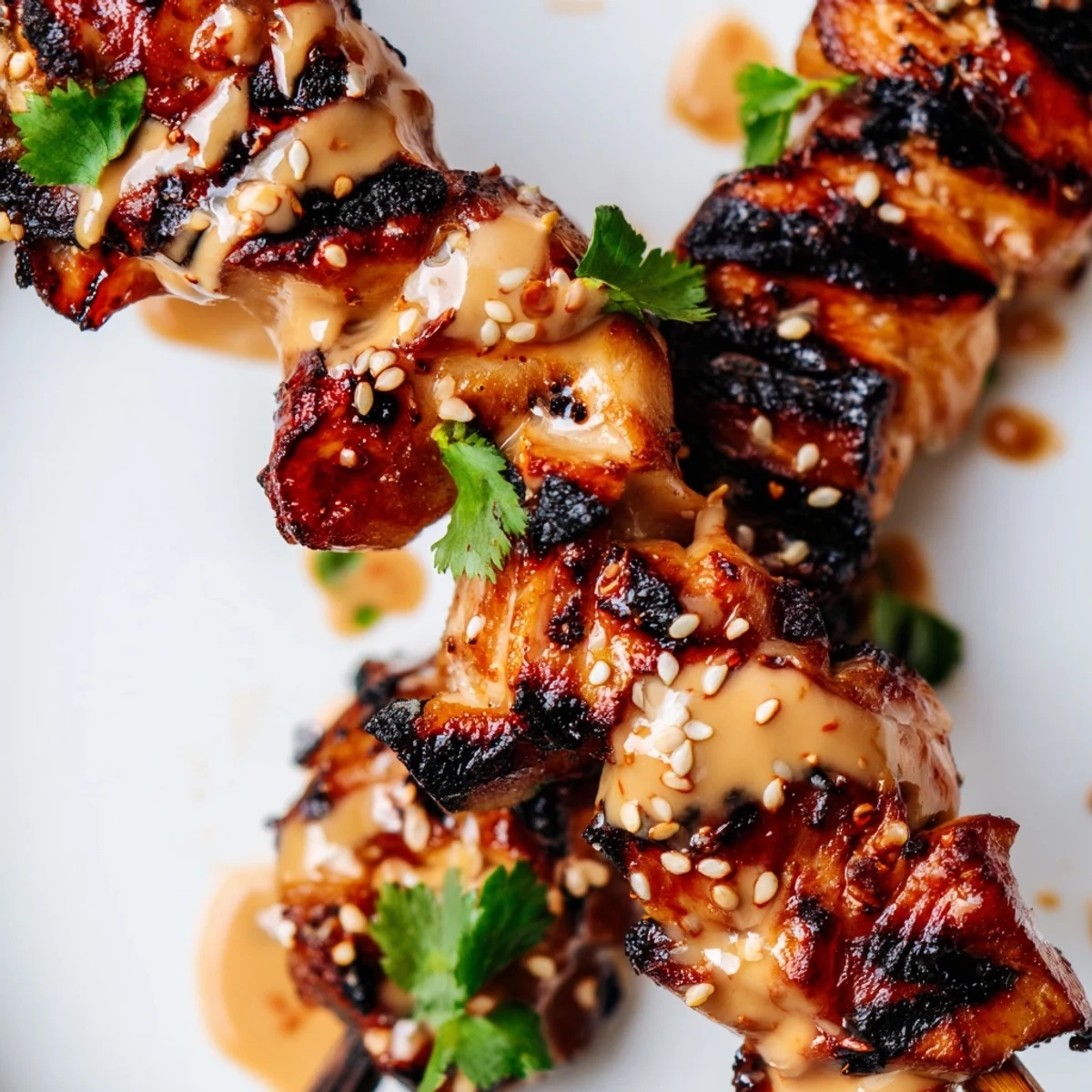 Tender grilled Bang Bang chicken skewers drizzled with creamy red chili sauce