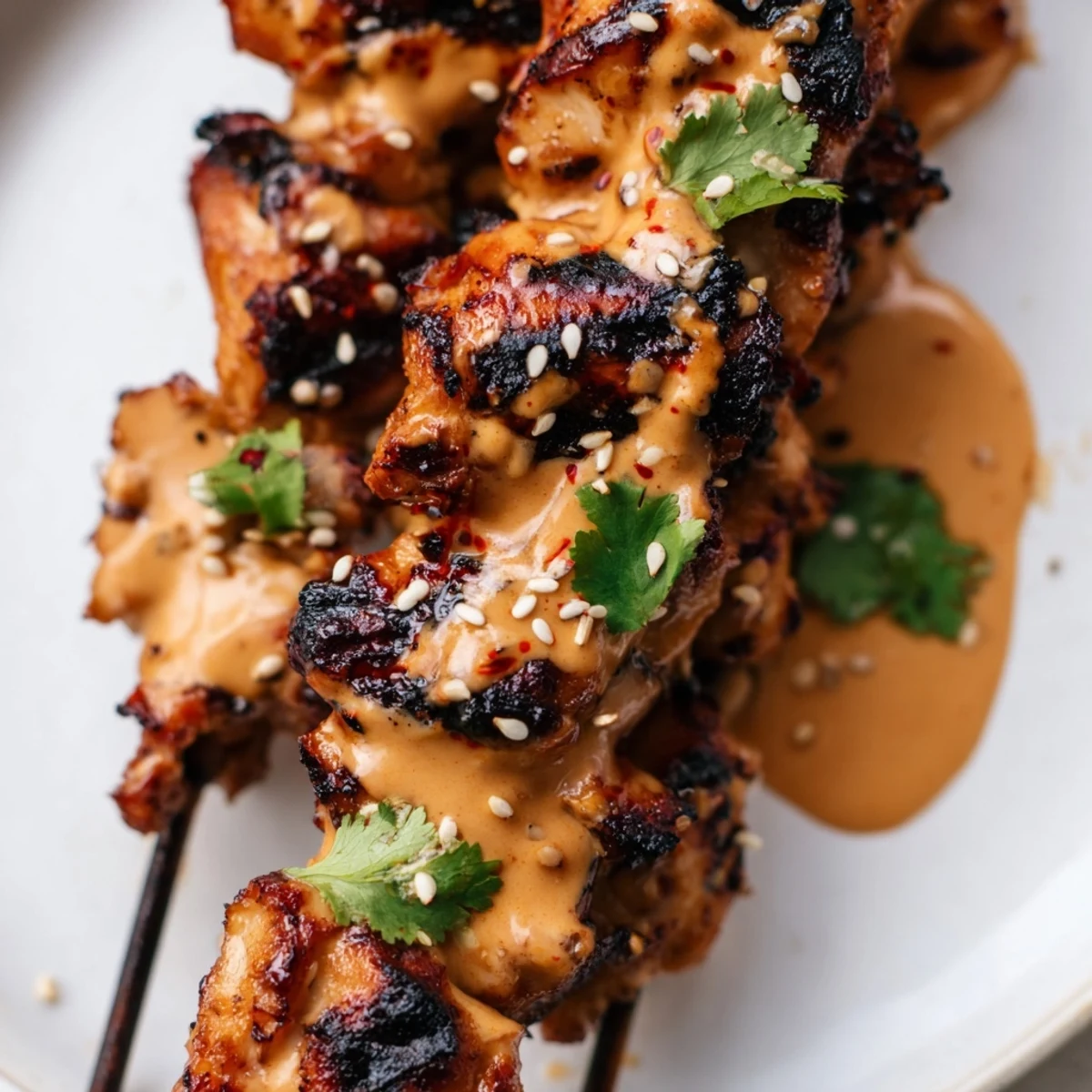 Char-grilled chicken skewers glazed with spicy Bang Bang sauce and sesame seeds