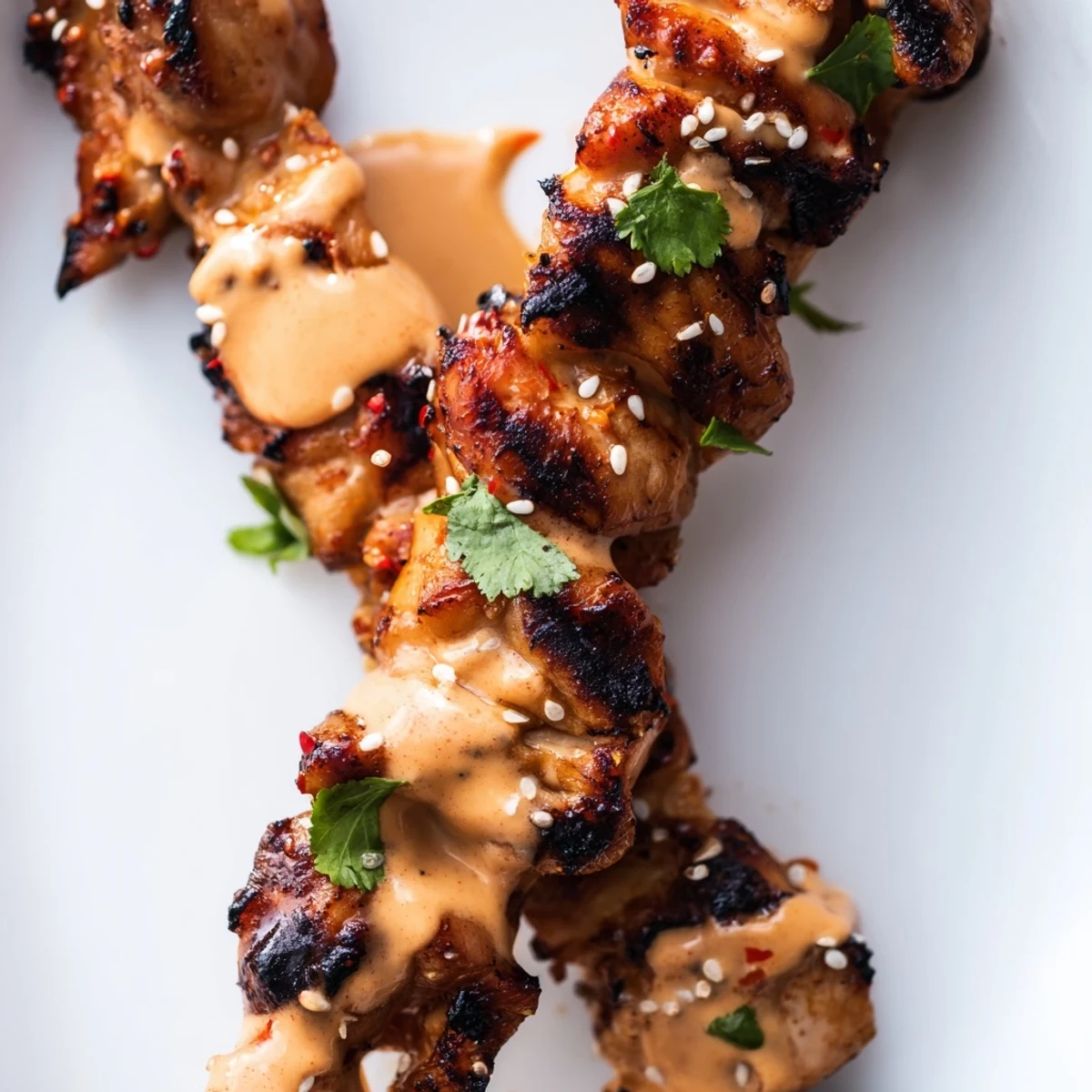 Asian-style chicken skewers brushed with spicy Bang Bang sauce over a charcoal grill