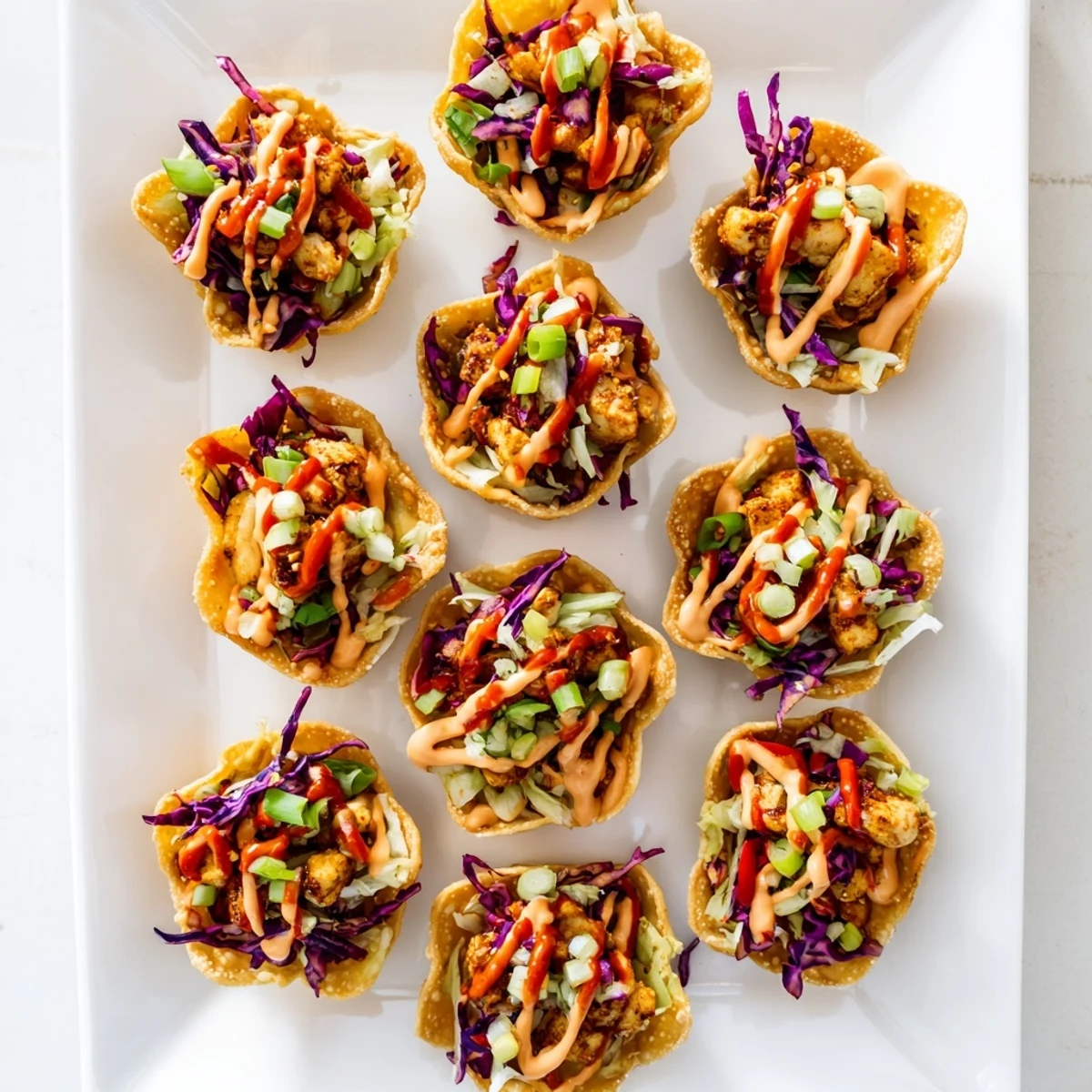 Asian fusion chicken wonton tacos featuring zesty sauce and vibrant vegetable slaw on a white plate