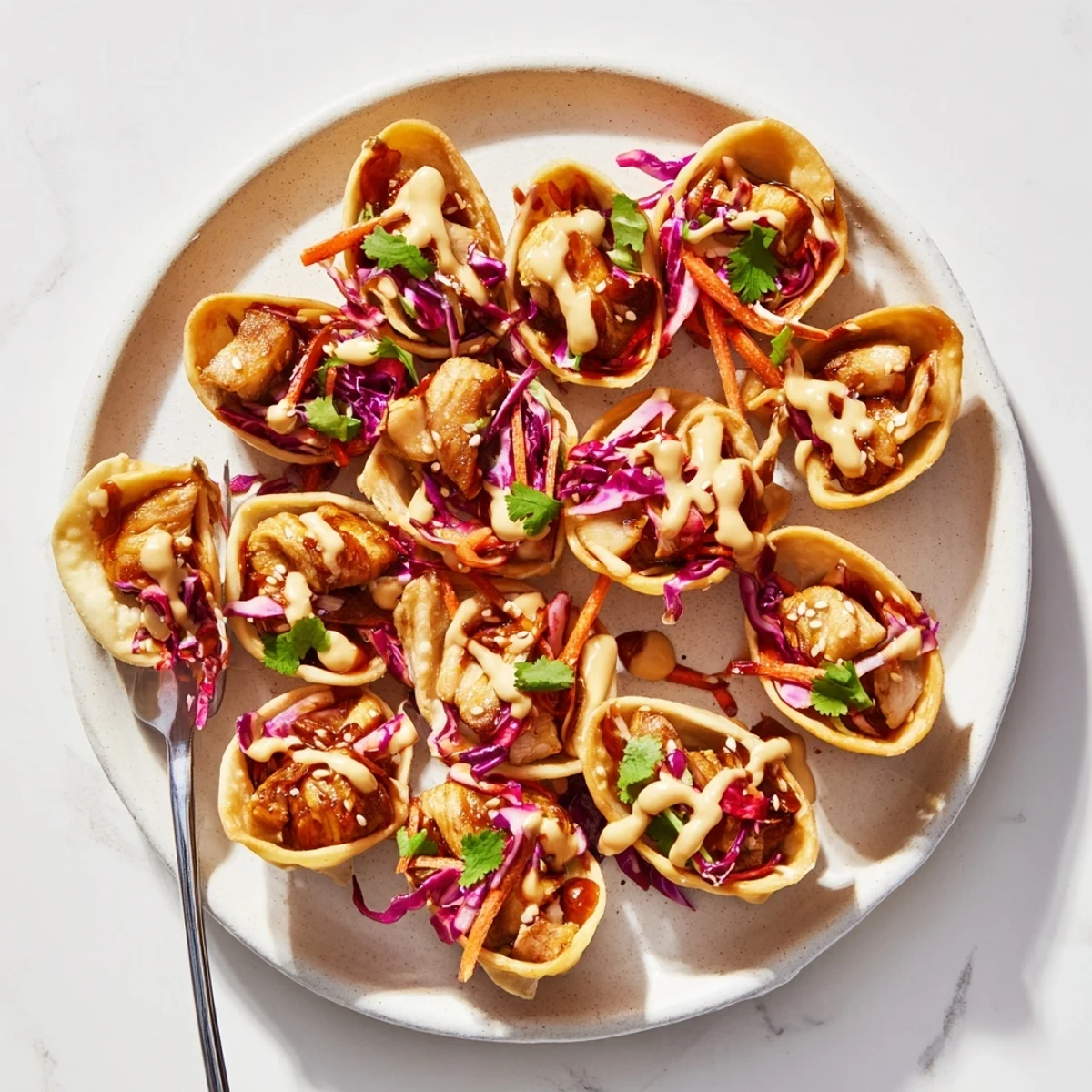 Crispy fried wonton shells loaded with savory Asian chicken stir-fry and tangy red cabbage slaw mixture