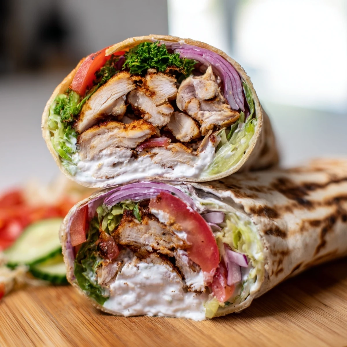 Golden garlic chicken shawarma wrap filled with fresh vegetables and creamy white sauce
