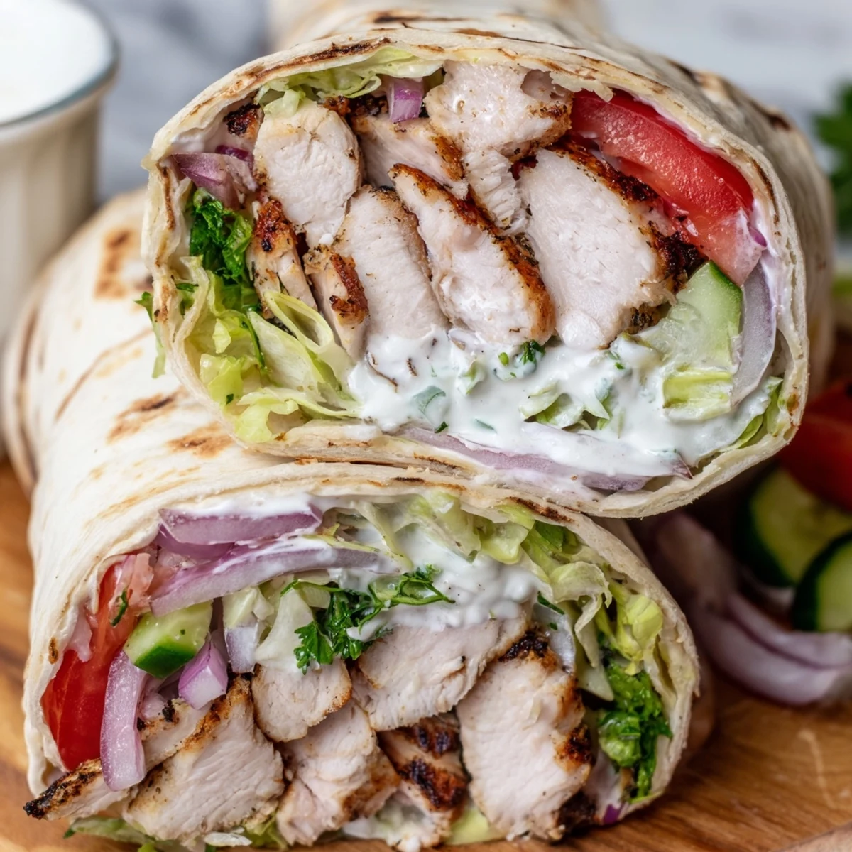 Middle Eastern garlic chicken shawarma wrap sliced open showing spiced meat and crisp toppings