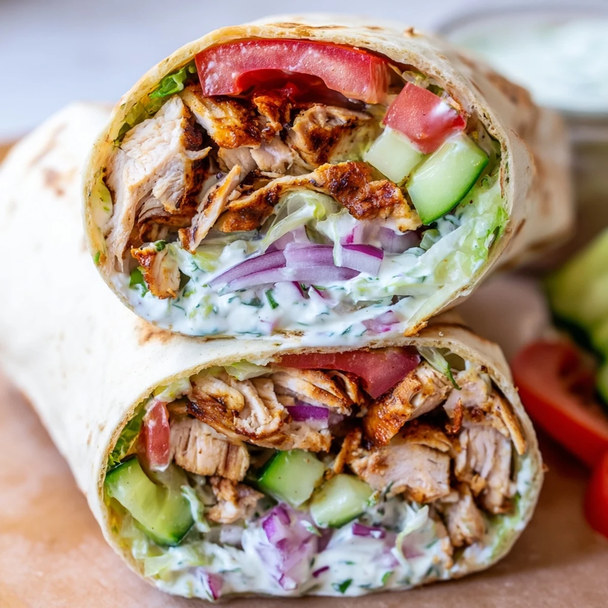 Warm flatbread wrapped around juicy garlic chicken shawarma with lettuce tomatoes and tangy sauce