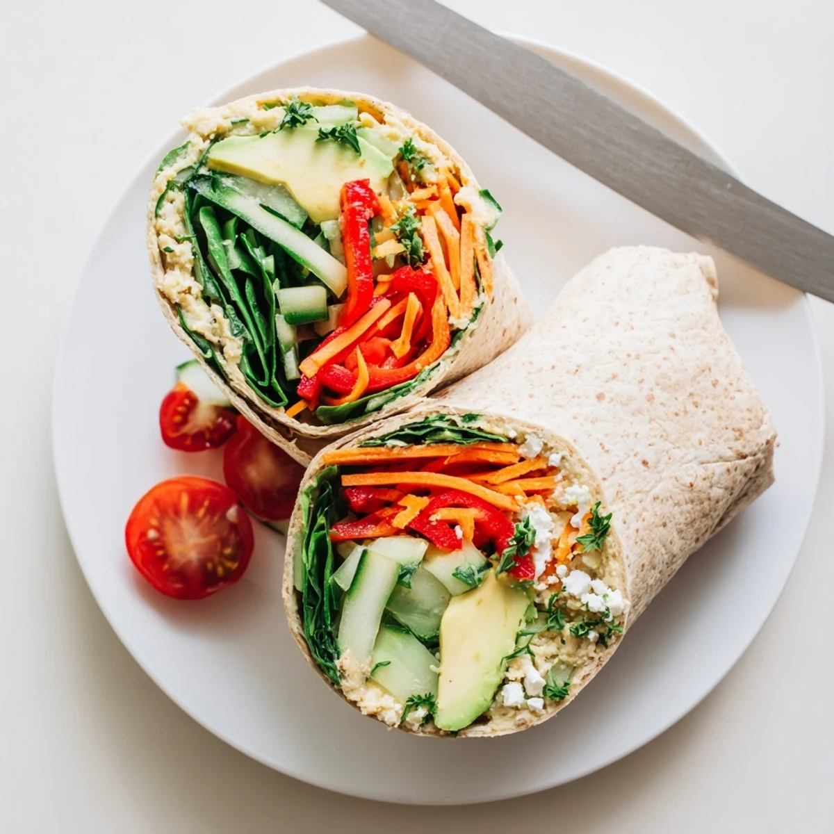 Golden whole wheat tortilla wrapped around creamy hummus with crisp red peppers, cucumbers, and fresh spinach