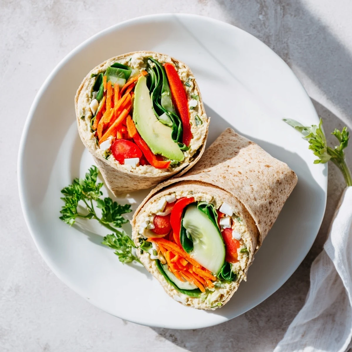 Mediterranean hummus veggie wrap sliced in half revealing colorful layers of avocado, carrots, and cherry tomatoes