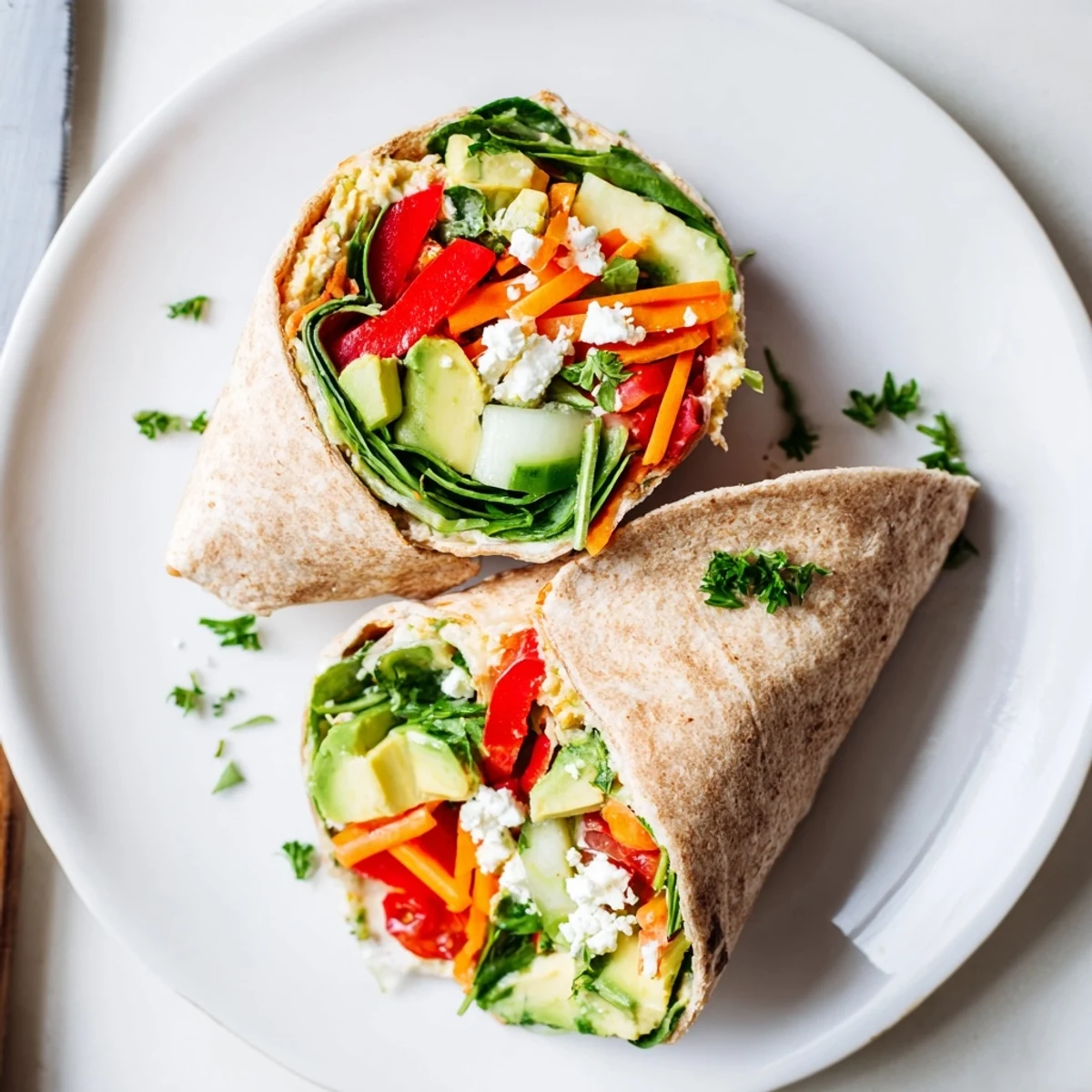 Healthy lunch hummus veggie wrap packed with shredded vegetables and creamy spread on whole grain tortilla