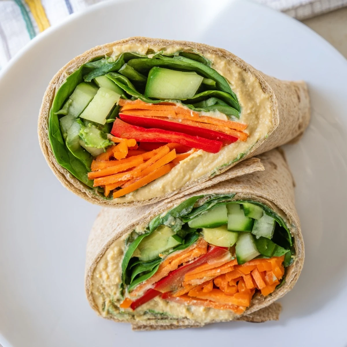 Fresh whole wheat tortilla wrapped around creamy hummus with vibrant spinach and crisp vegetables