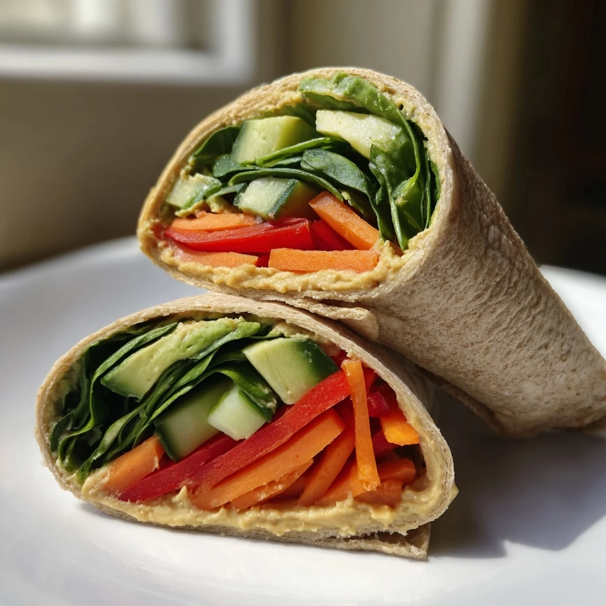 Wholesome vegan lunch wrap featuring hummus spread with fresh baby spinach and sliced red bell pepper
