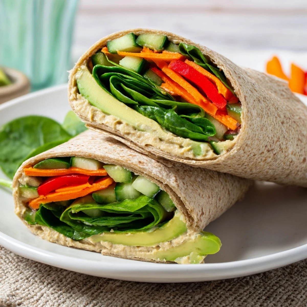 Mediterranean spinach hummus lunch wraps sliced diagonally showing colorful layers of carrot cucumber and avocado