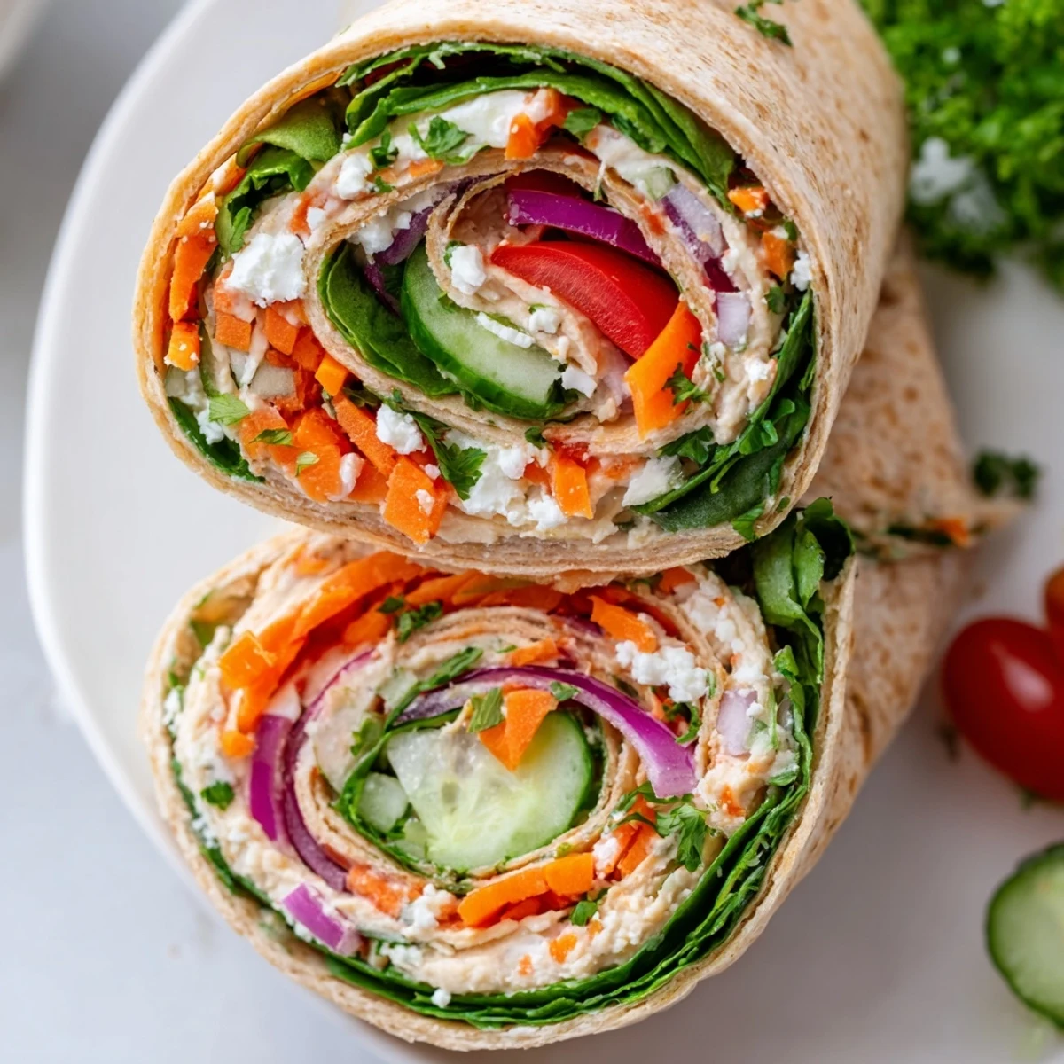 Colorful veggie wrap with hummus recipe featuring crisp spinach, bell peppers, and carrots rolled in a whole wheat tortilla