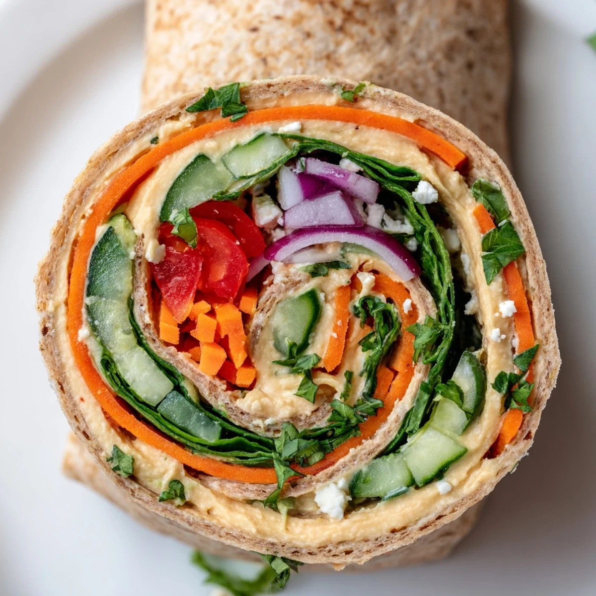 Fresh Mediterranean veggie wrap with hummus recipe sliced diagonally to reveal vibrant layers of cucumber, tomatoes, and creamy spread