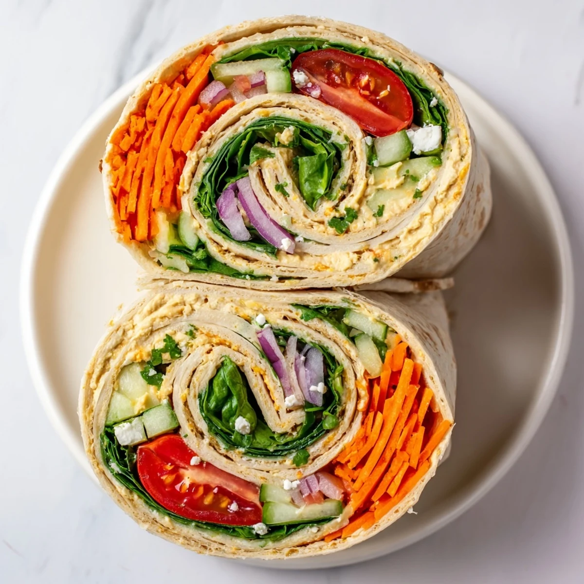 Healthy veggie wrap with hummus recipe packed with shredded vegetables and optional feta, ready for a satisfying nutritious lunch