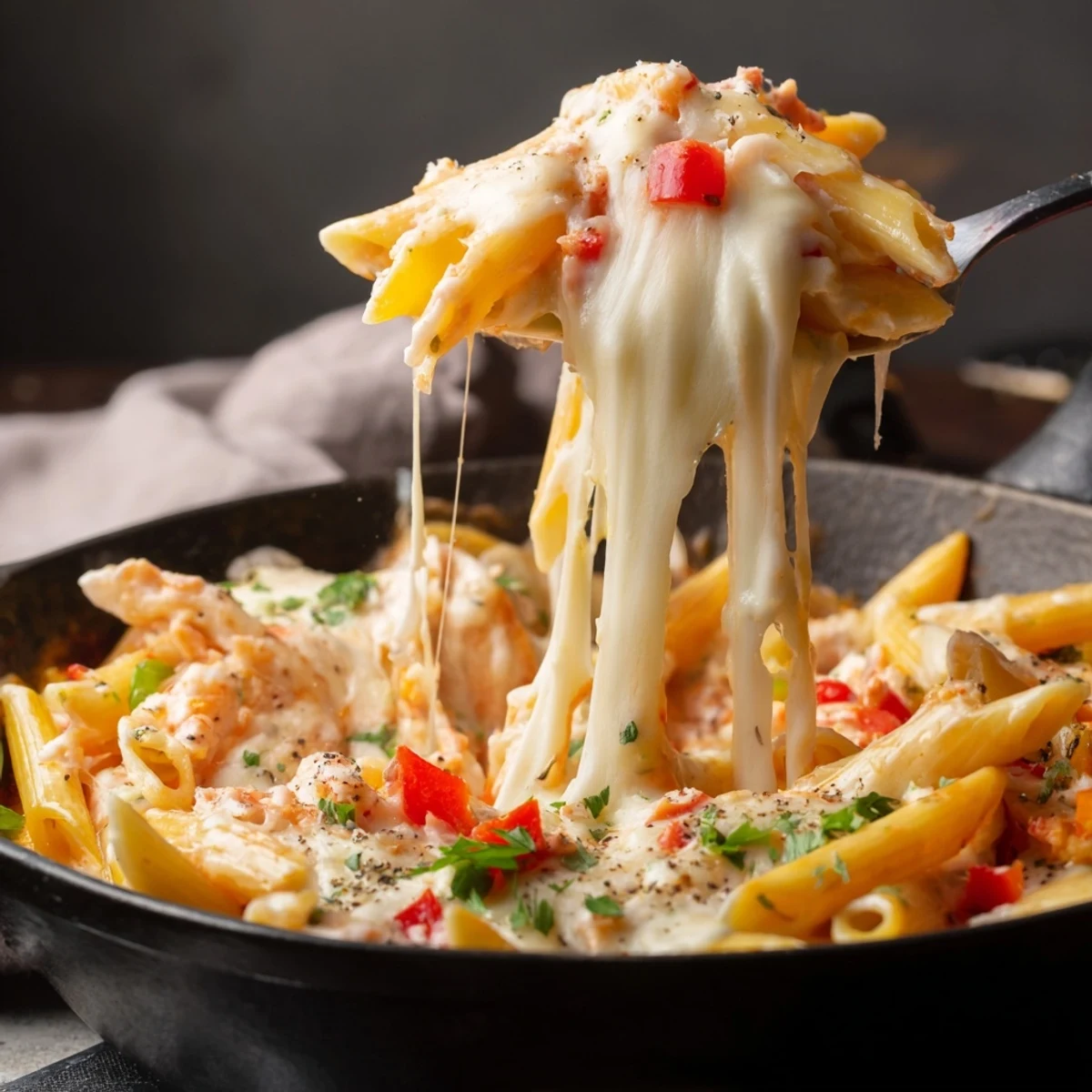 Cheesy Stuffed Pepper Skillet Pasta bubbling with melted cheese, roasted peppers