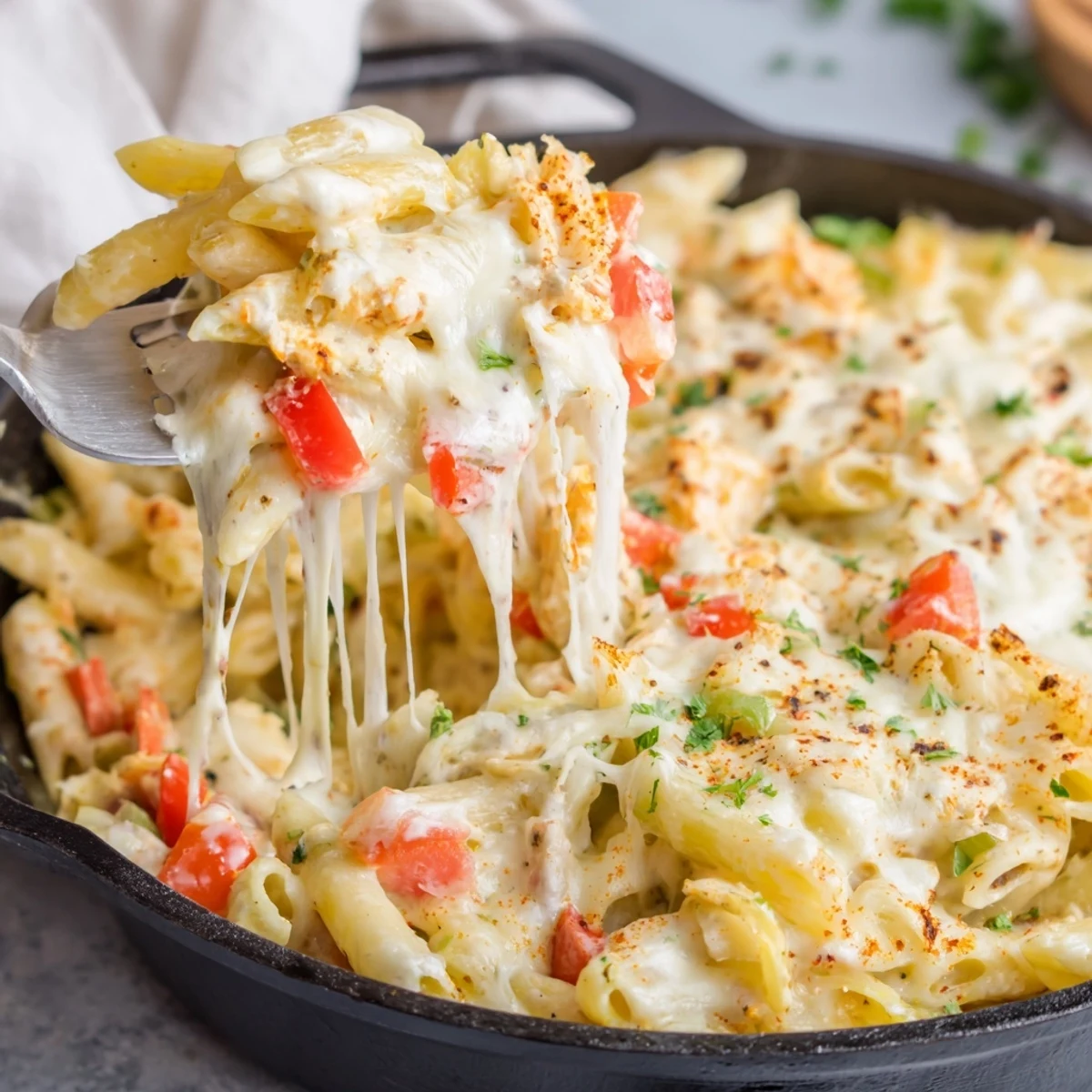Cheesy Stuffed Pepper Skillet Pasta served hot with crusty bread, fresh parsley