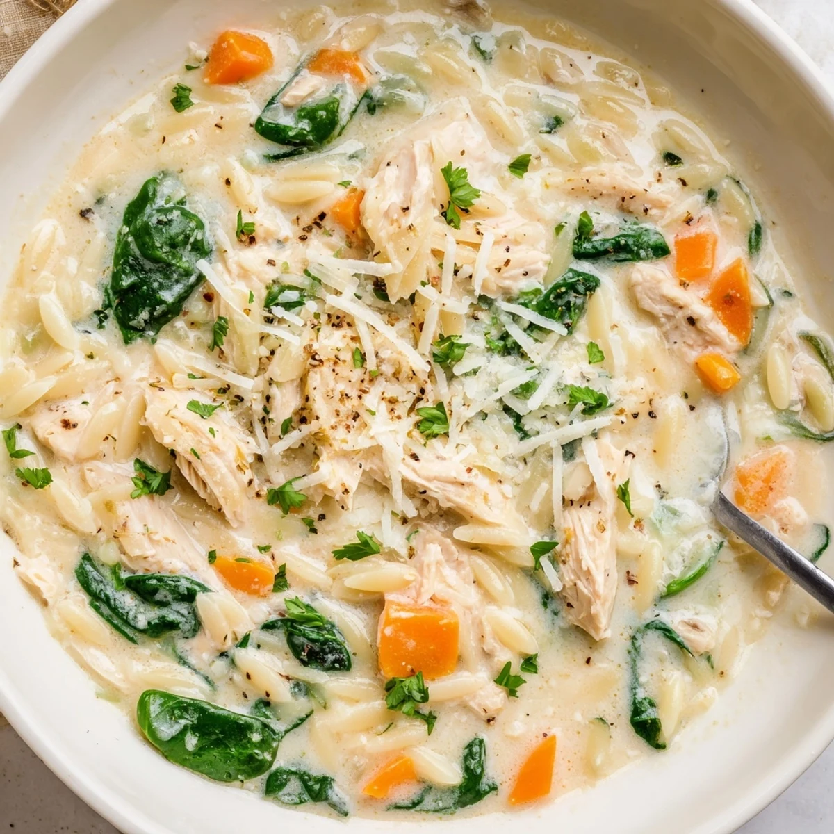 Creamy Chicken Florentine Soup With Orzo, steaming bowl with wilted spinach and Parmesan.