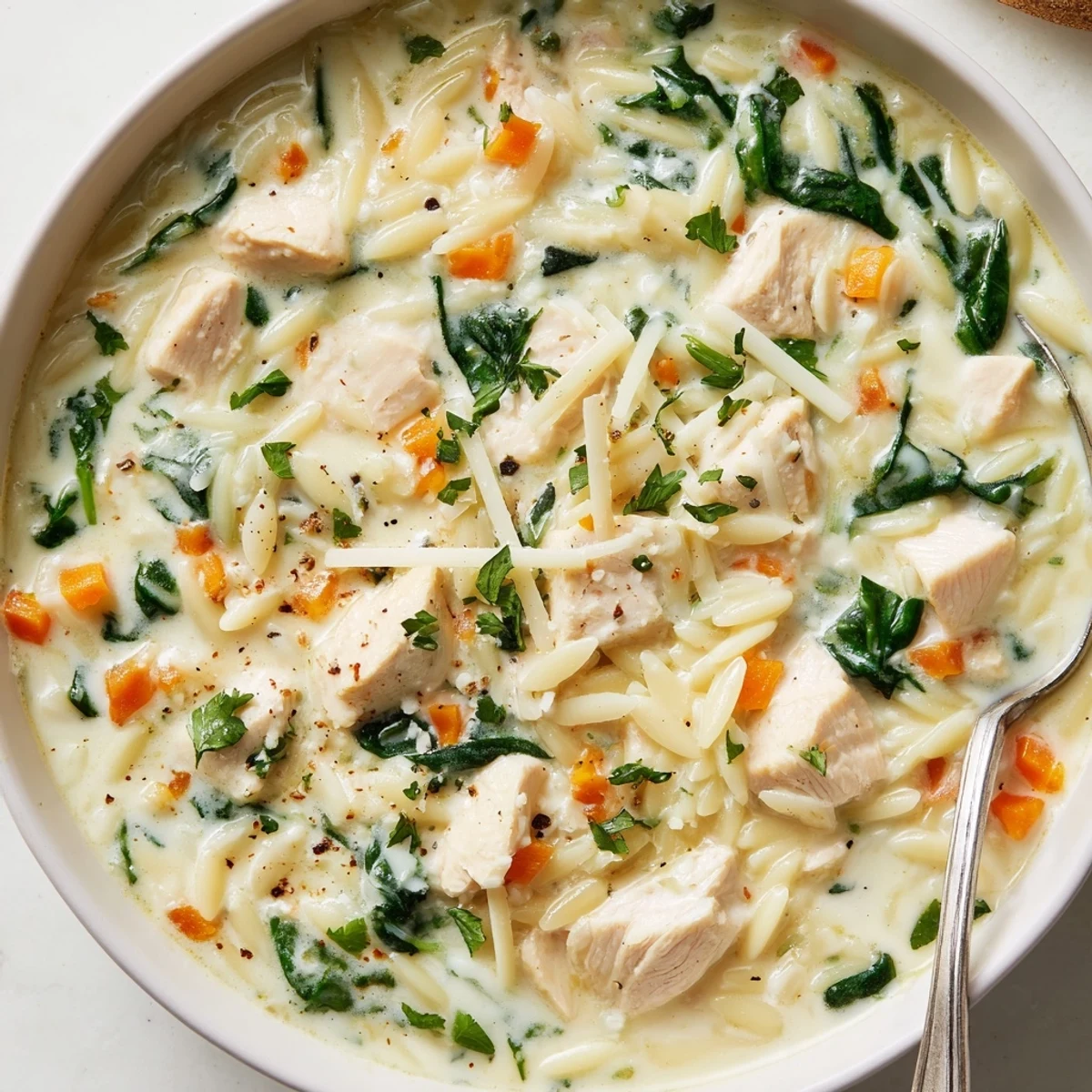 Creamy Chicken Florentine Soup With Orzo in bowl, served with crusty Italian bread.