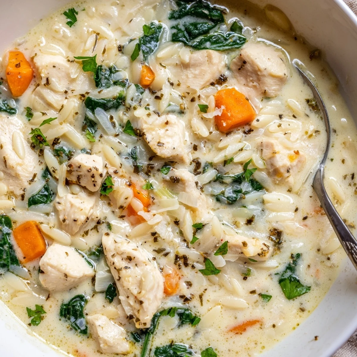 A ladle of Creamy Chicken Florentine Soup With Orzo, velvety broth, tender chicken.
