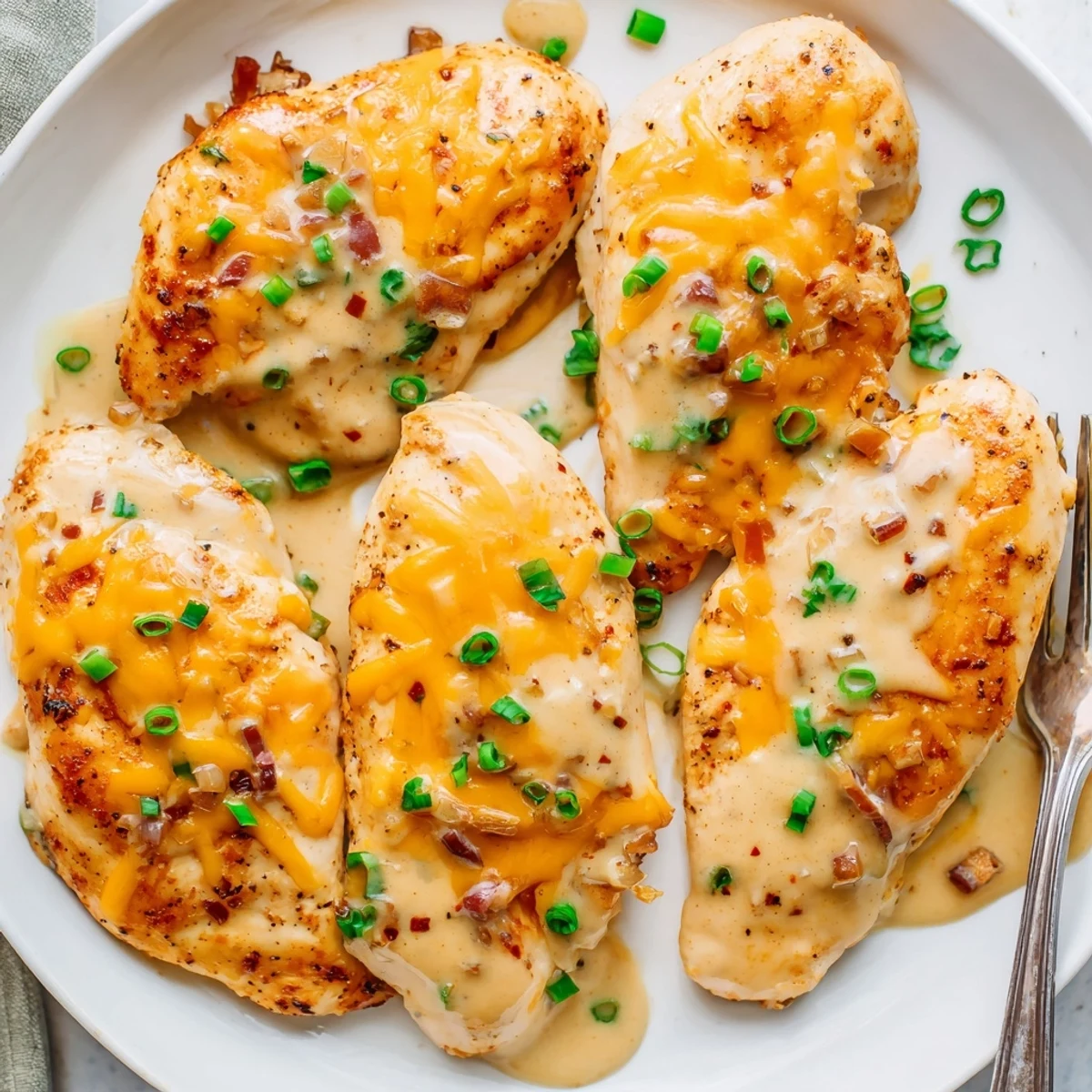 Oven-baked Mississippi Mud Chicken with bubbling cheddar cream, sliced green onions