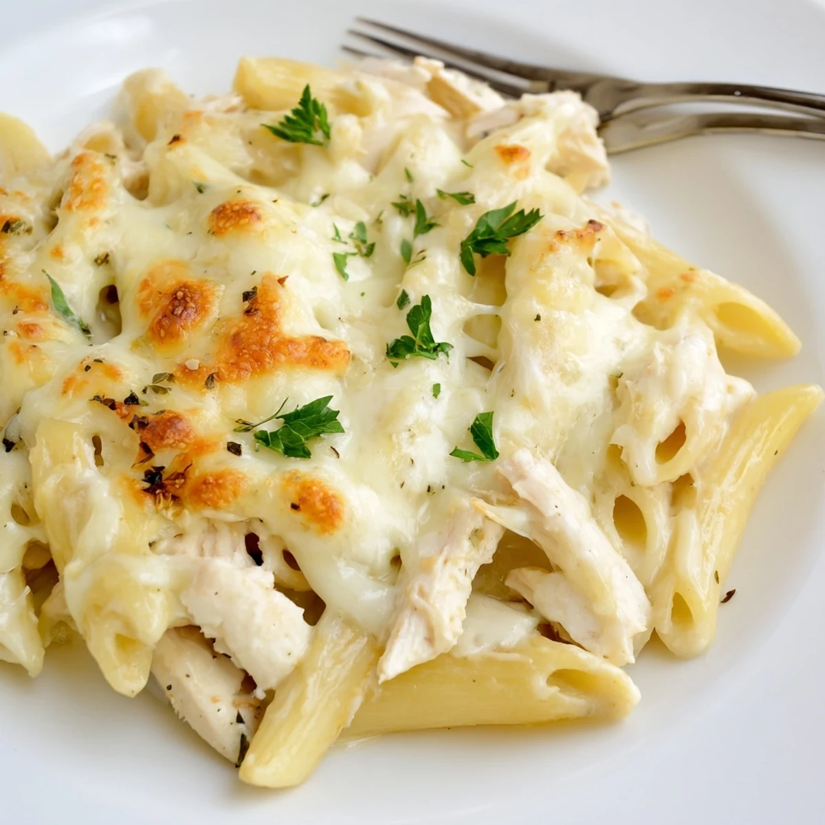 Creamy Chicken Alfredo Bake With Mozzarella Crust, bubbling golden and rich, served hot