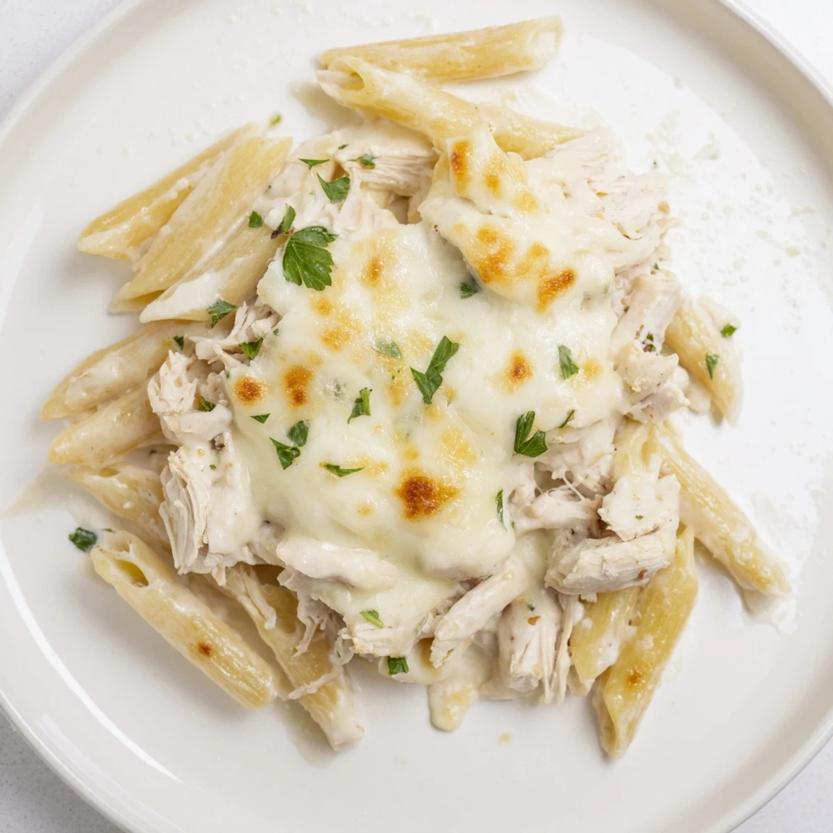 Family-style Creamy Chicken Alfredo Bake With Mozzarella Crust, tender bites, creamy sauce