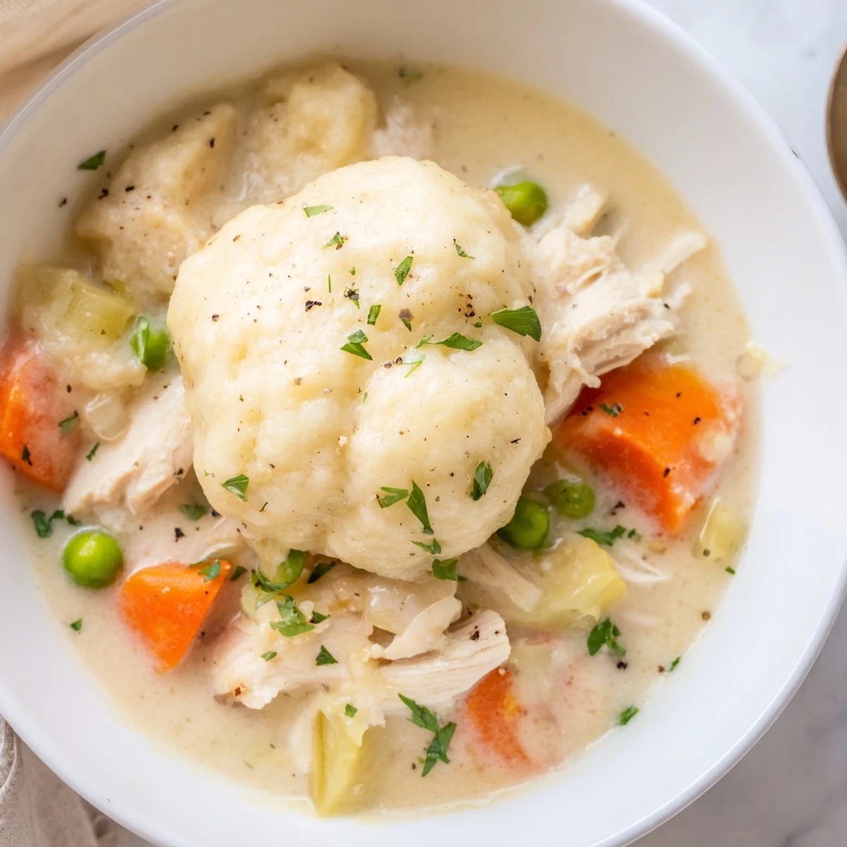Steaming bowl of One Pot Chicken And Dumplings with creamy broth and parsley