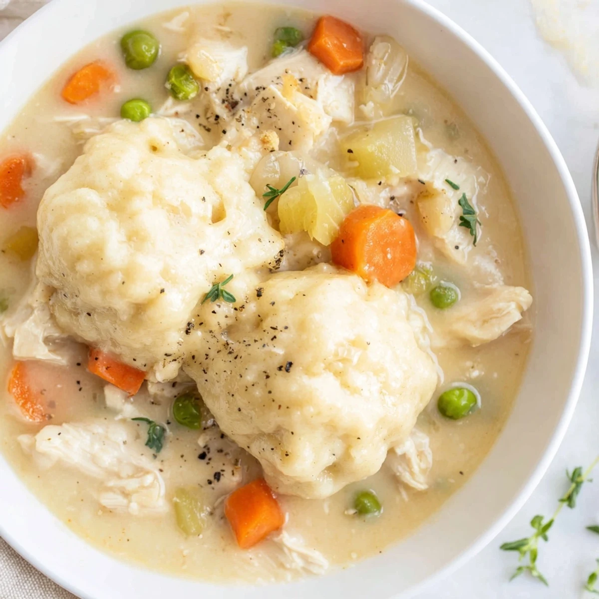 Rustic Dutch oven of One Pot Chicken And Dumplings, tender chicken and fluffy dumplings