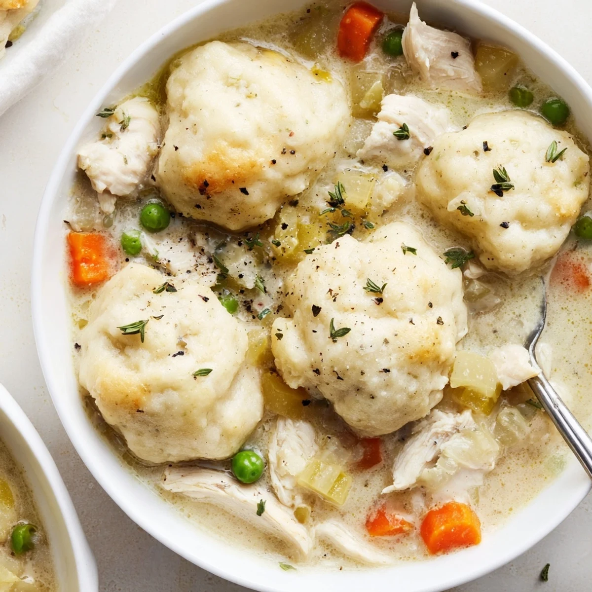 Spoon lifting savory One Pot Chicken And Dumplings, vegetables, cream, and steaming comfort
