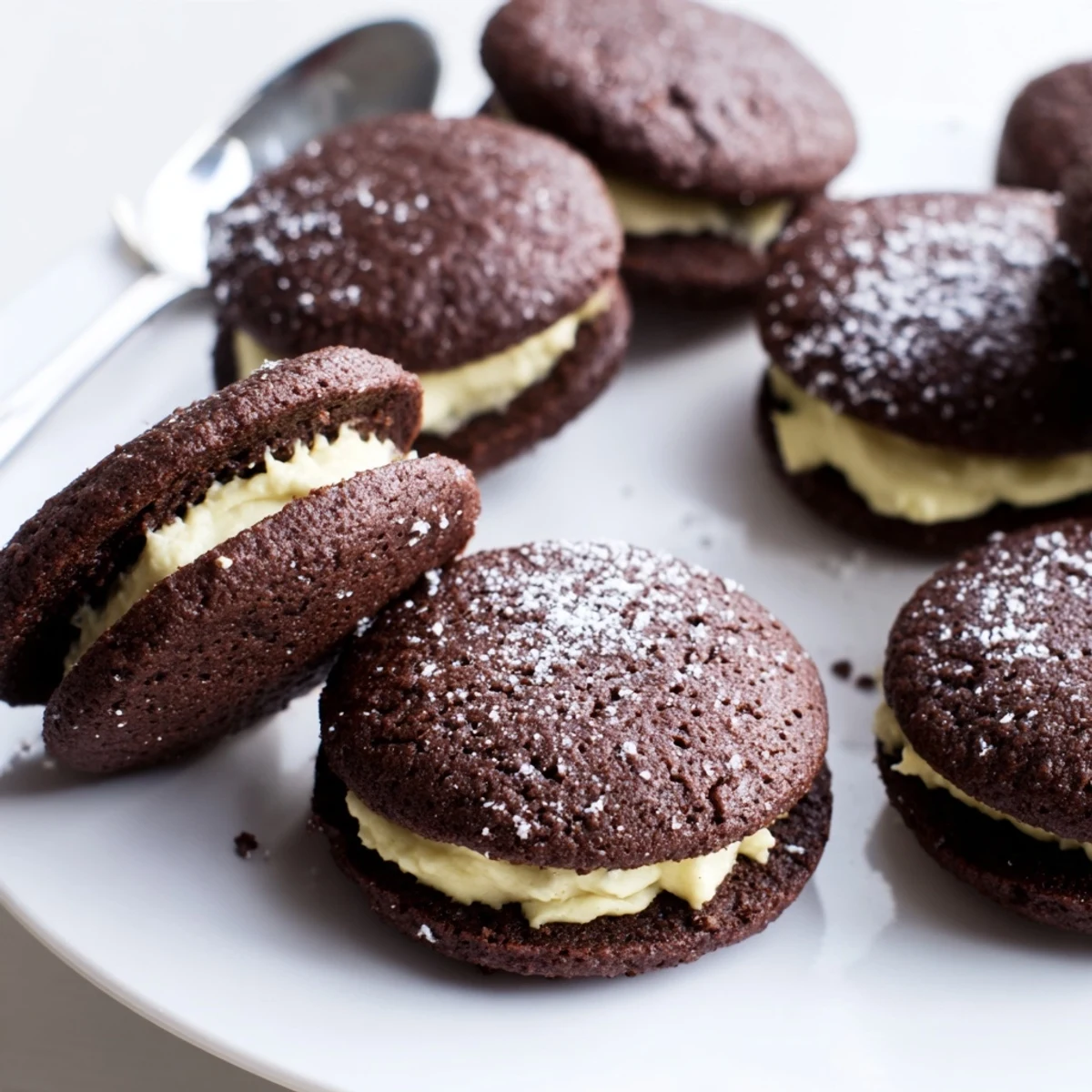 Homemade Oreo Style Cookies stacked, dark cocoa biscuits with creamy vanilla filling.