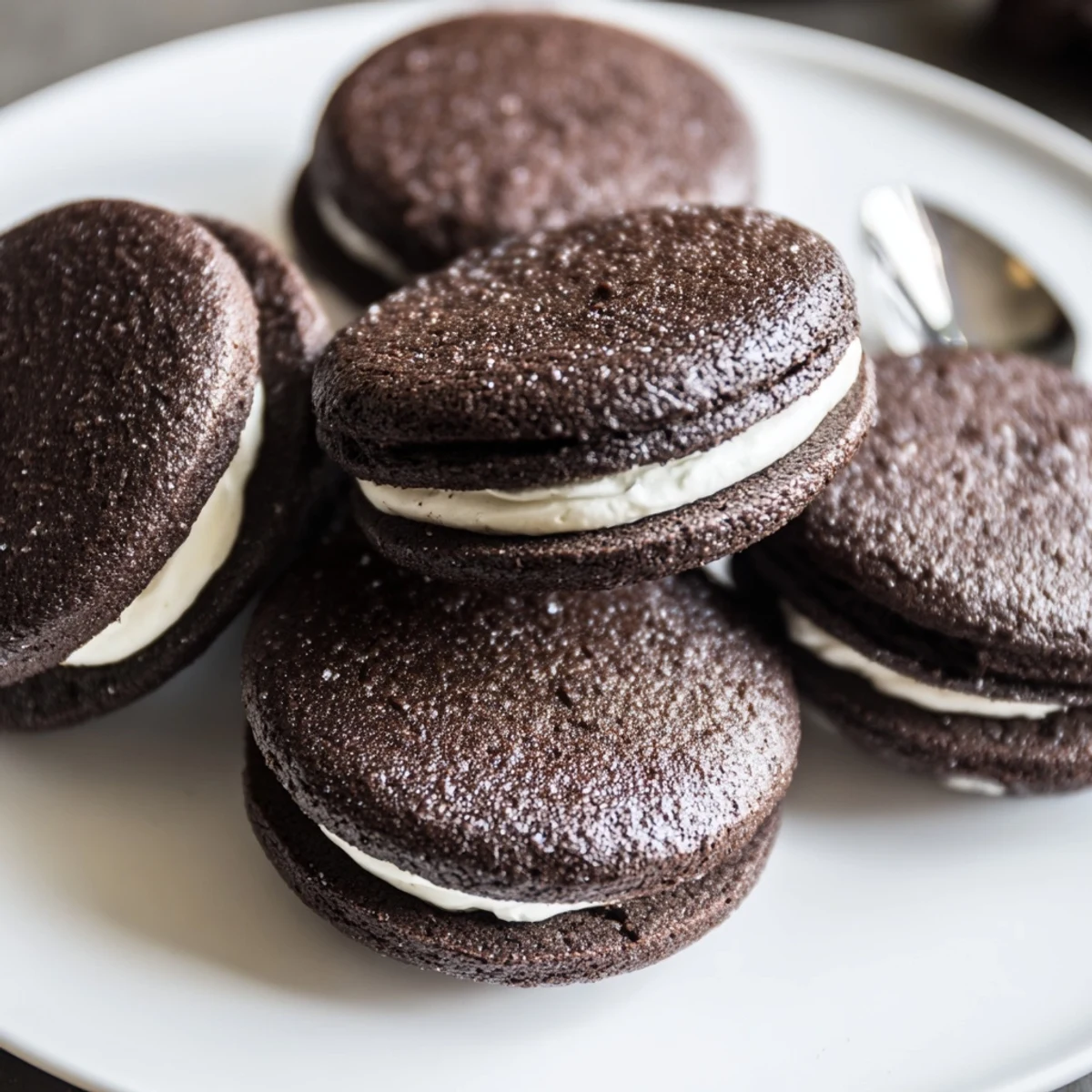 Warm Homemade Oreo Style Cookies cooling on wire rack, tempting chocolate aroma.