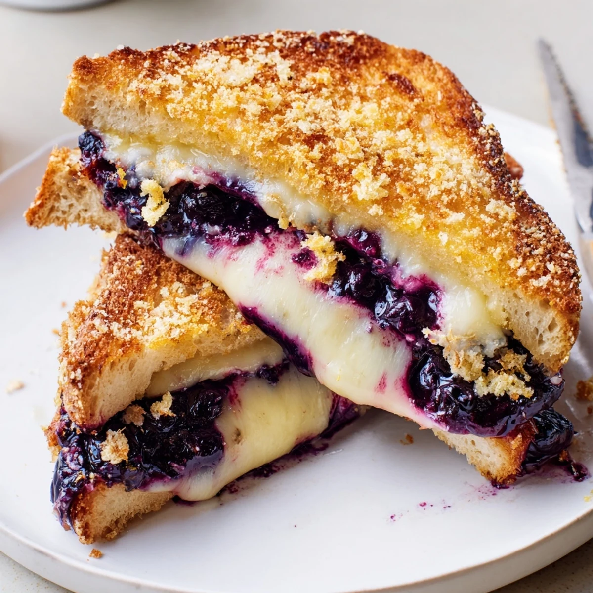 Crispy Blueberry Grilled Cheese with golden crust, melted cheddar oozing