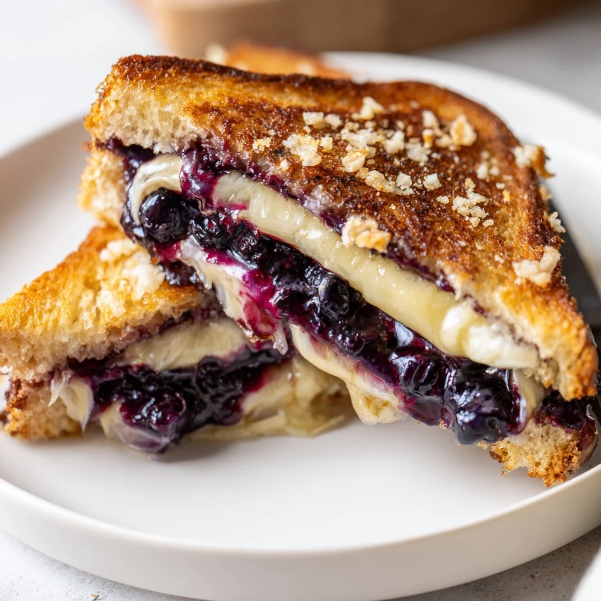 Warm Crispy Blueberry Grilled Cheese sliced on board, juicy blueberries bursting