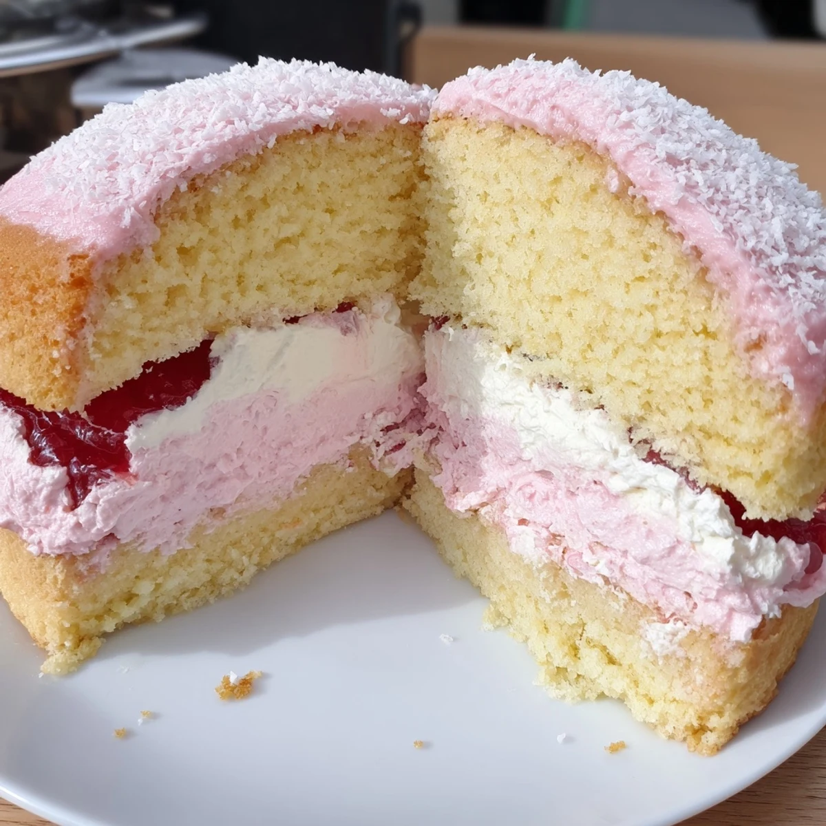 Old Fashioned Pink Jelly Cakes chilled, soft sponge with glossy raspberry jelly