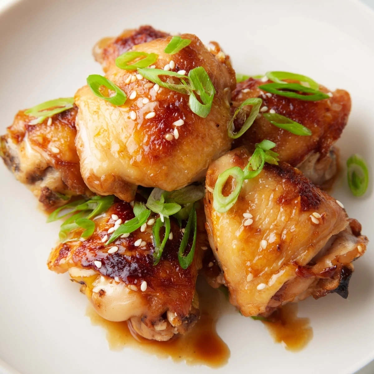 Golden bone-in teriyaki chicken thighs glazed with glossy sauce and sprinkled with sesame seeds