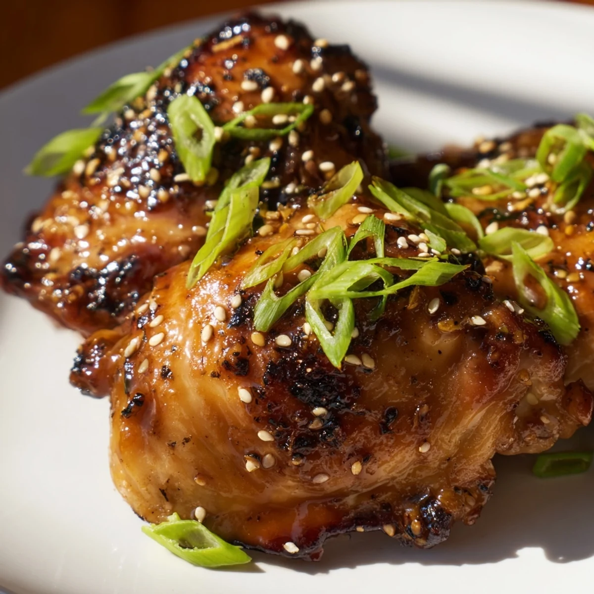 Juicy baked chicken on the bone coated in sticky teriyaki glaze over steamed white rice