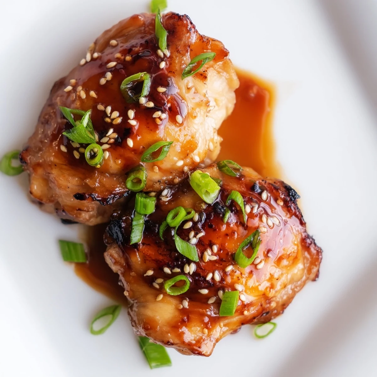 Oven-roasted chicken thighs basted in sweet savory teriyaki sauce with fresh green onion garnish