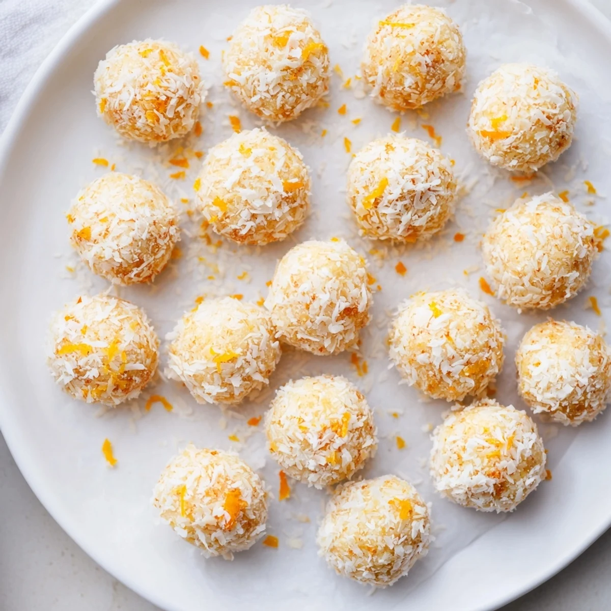 Golden no-bake Citrus Bliss Bites coated in fluffy shredded coconut on a white serving platter