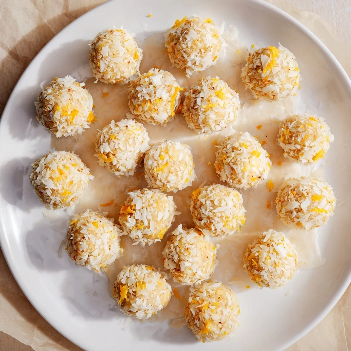 Bite-sized Citrus Bliss Bits rolled in coconut glistening with bright citrus flavors for baby shower desserts