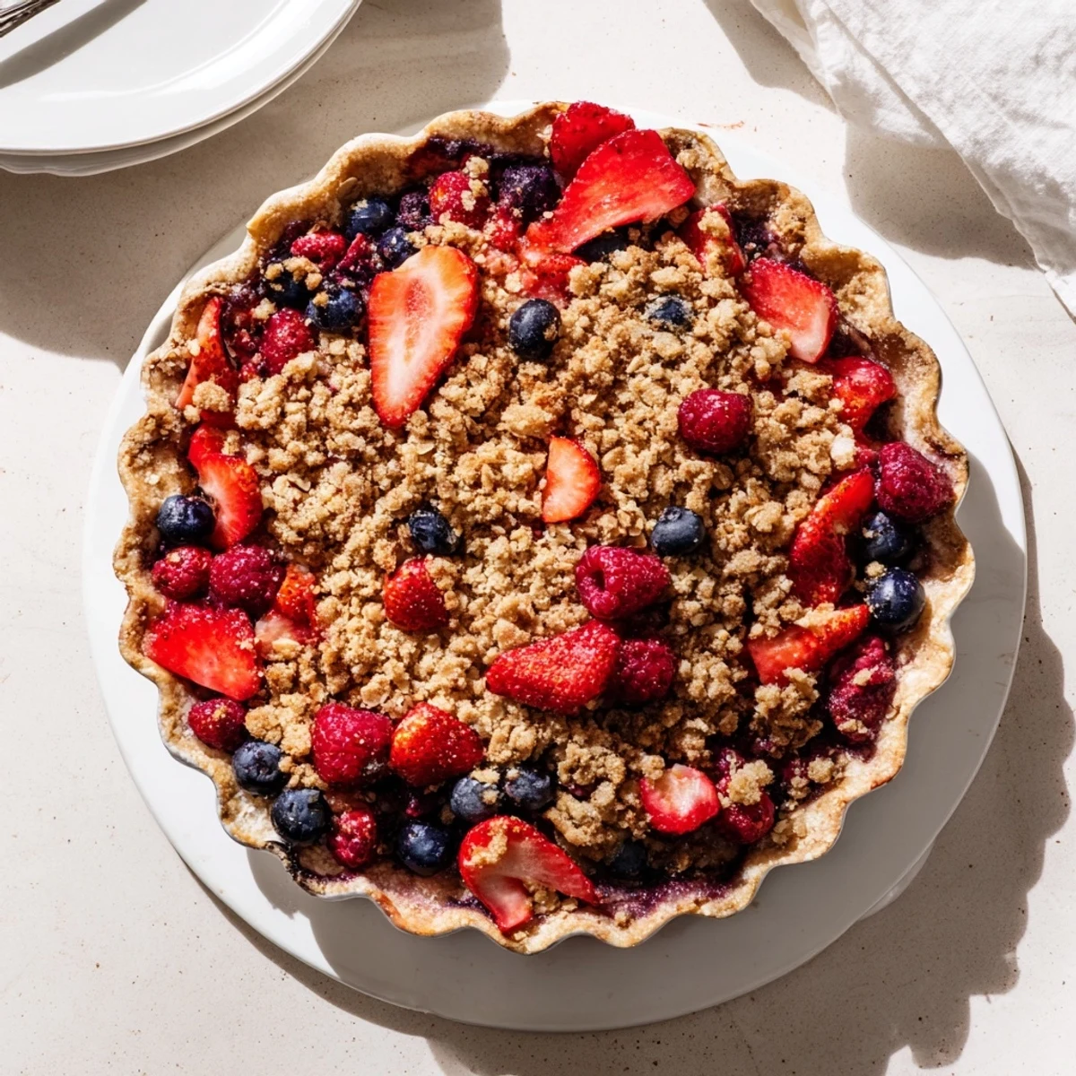 Golden brown sweet berry rhubarb dream pie with buttery crumble topping bubbling with vibrant red fruit filling