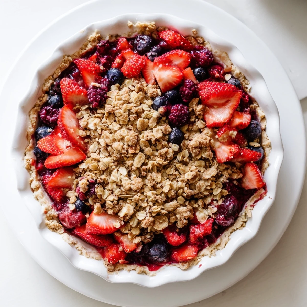 Fresh slice of sweet berry rhubarb dream pie on white plate showing layers of tart rhubarb and mixed berries